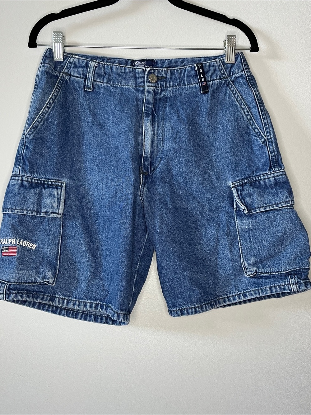 Polo by Ralph Lauren cargo denim shorts American flag embroidery Y2K VTG